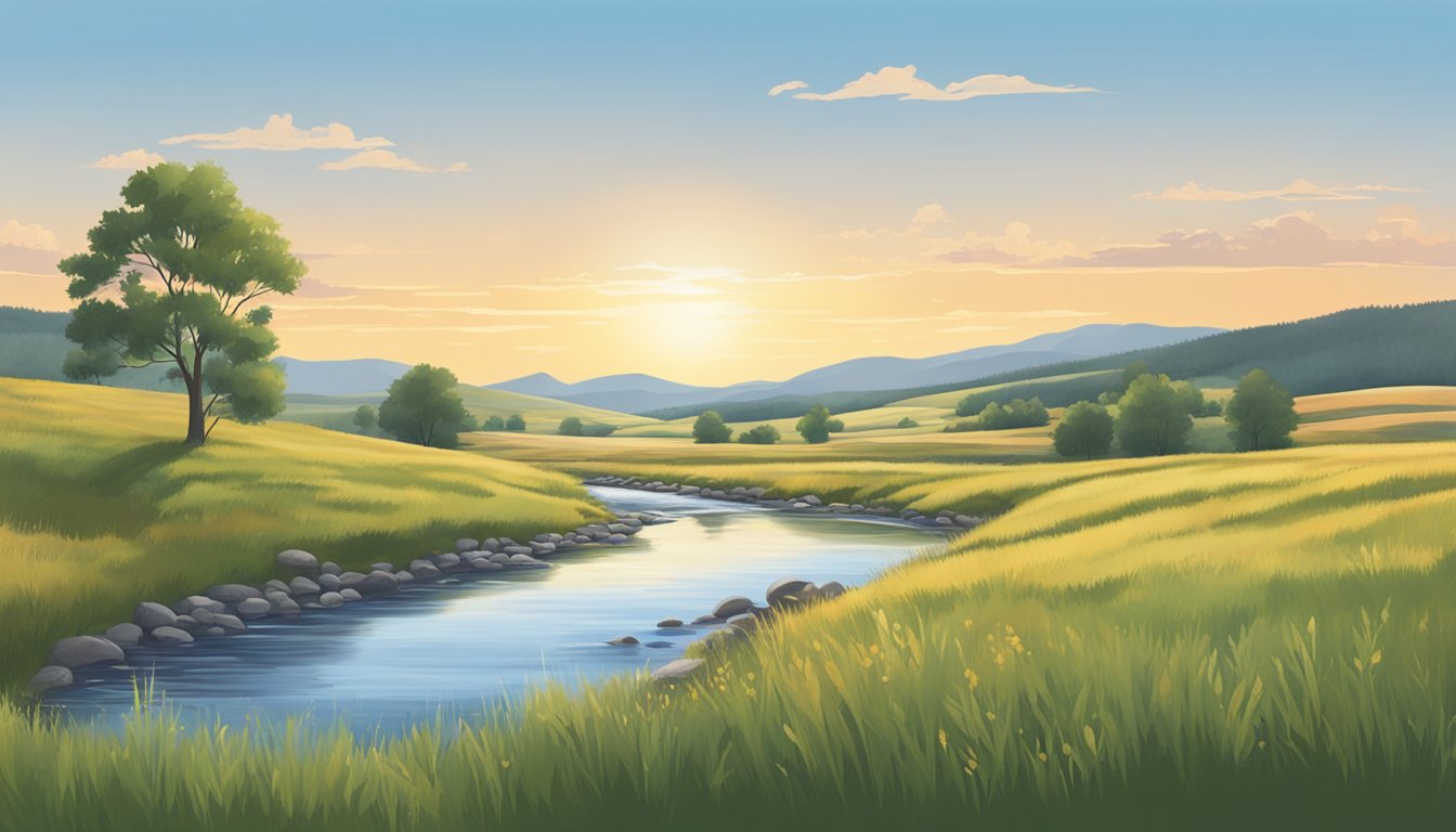 A serene landscape in South Dakota with rolling hills, a clear blue sky, and a tranquil stream running through the countryside