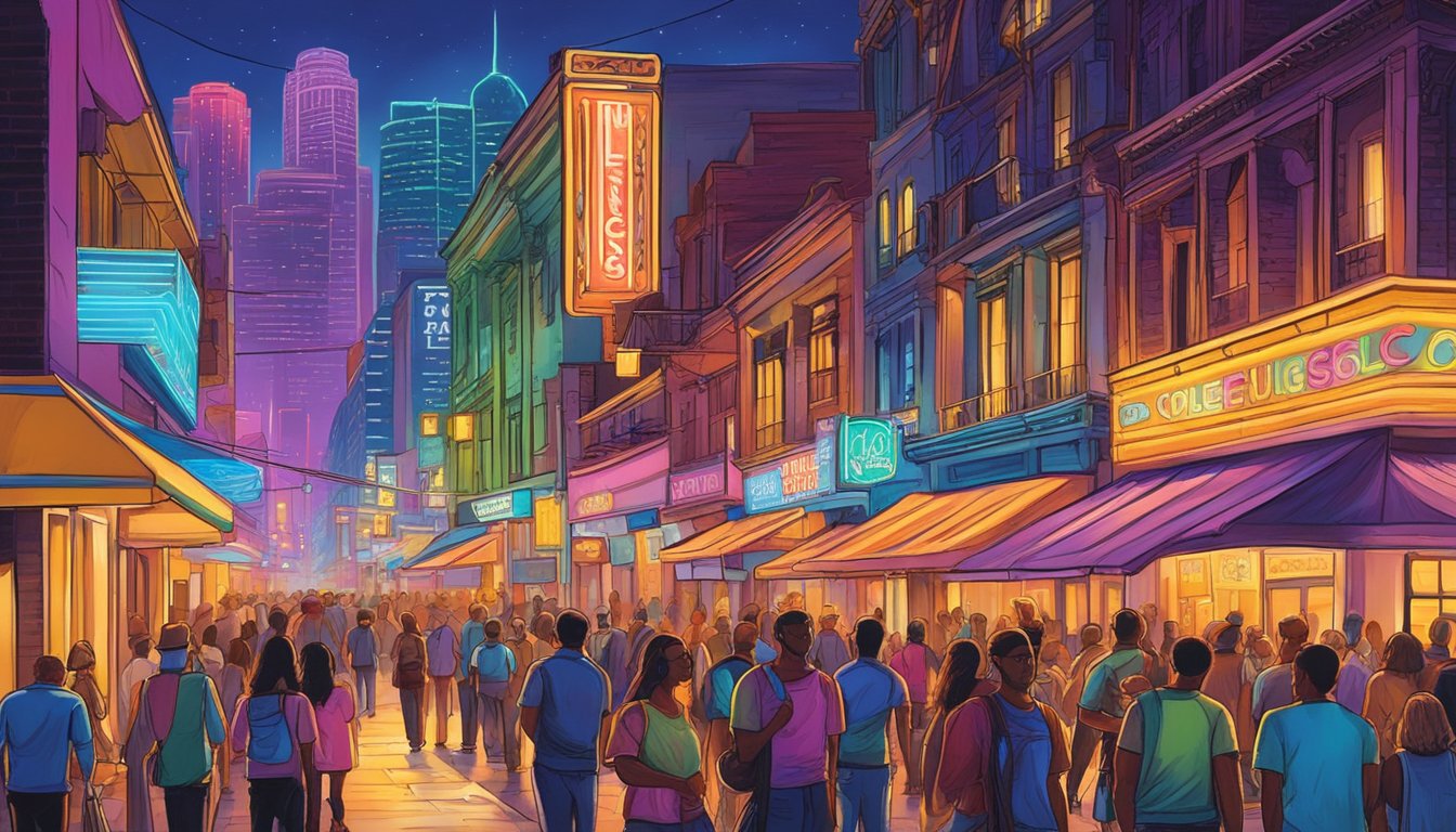 Colorful neon lights illuminate the bustling streets of Austin, with lively music and laughter filling the air. Bars and clubs line the sidewalks, drawing in crowds of people eager to experience the vibrant nightlife of Texas' capital city