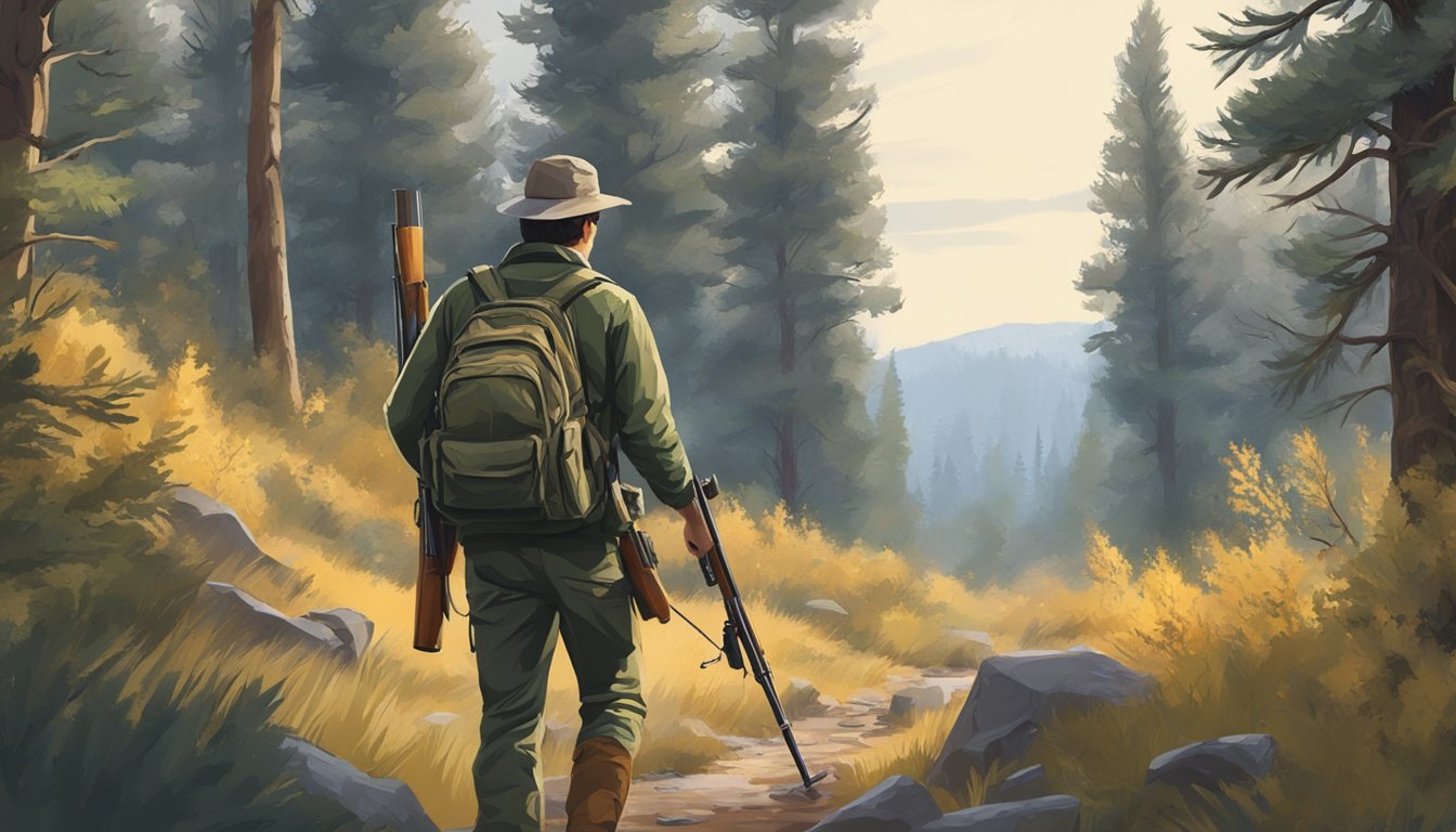 A hunter stalking through a dense Utah forest, rifle in hand, tracking wildlife in the Call of the Wild game