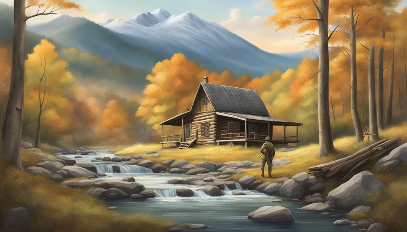 A serene mountain landscape in West Virginia with a rustic hunting cabin, a stream, and a group of hunters processing game