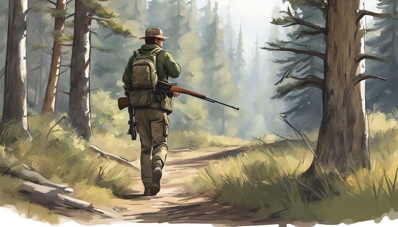 A hunter stalks through a forest in Utah, rifle in hand, tracking game in the best hunting simulator