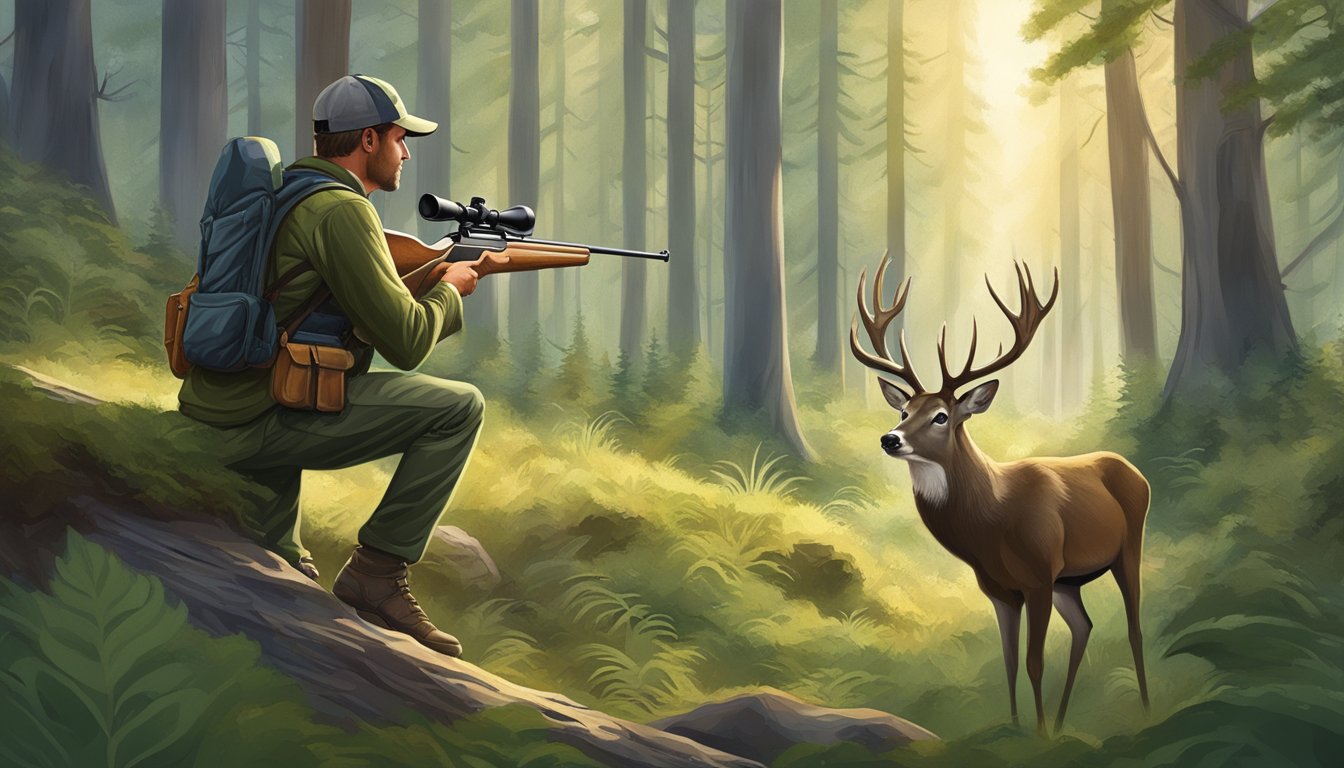 A hunter aims rifle at a majestic deer in a lush Utah forest