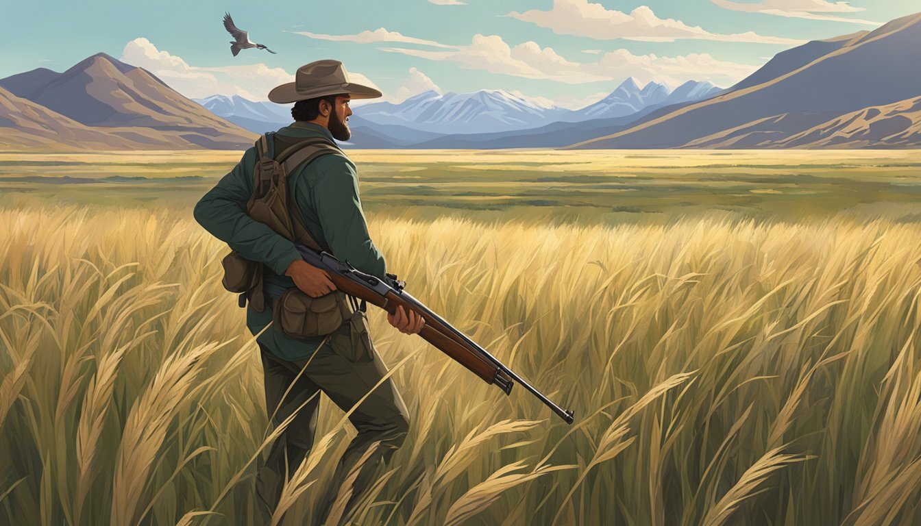 A hunter carrying a shotgun walks through a field of tall grass, with the mountains of Utah in the background. Several birds fly overhead