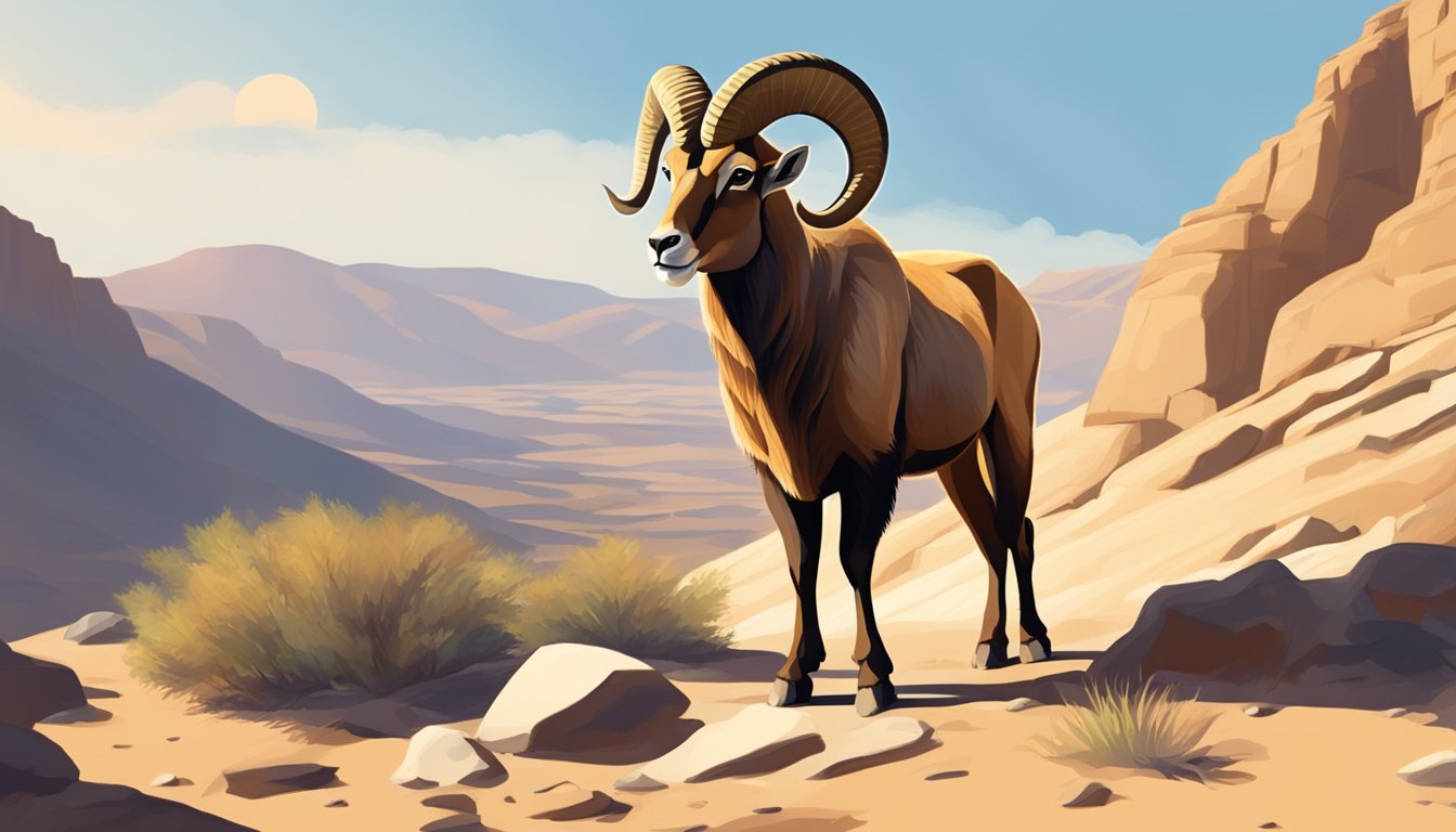 Aoudad standing on rocky terrain in a dry, arid climate with the sun shining overhead, casting long shadows