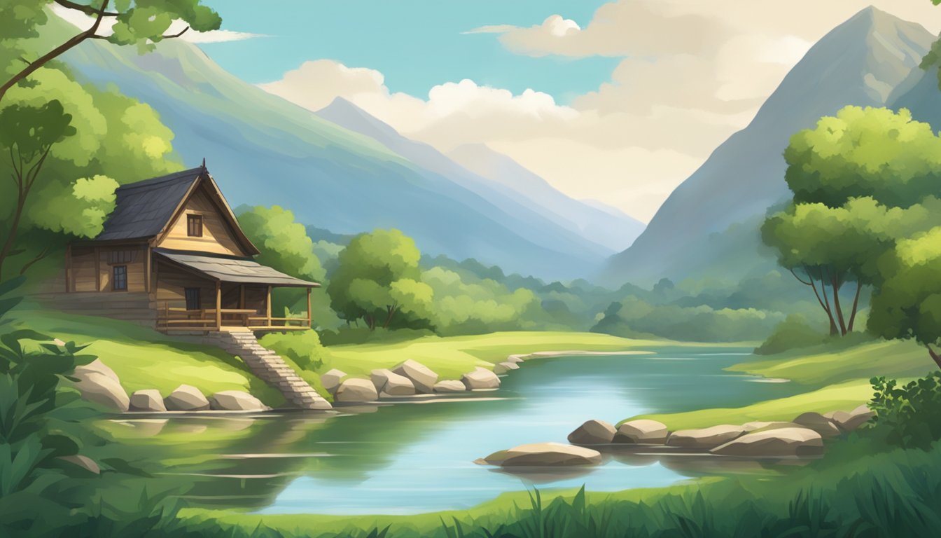 A tranquil river flowing through a lush mountain landscape, with a small rustic building in the distance