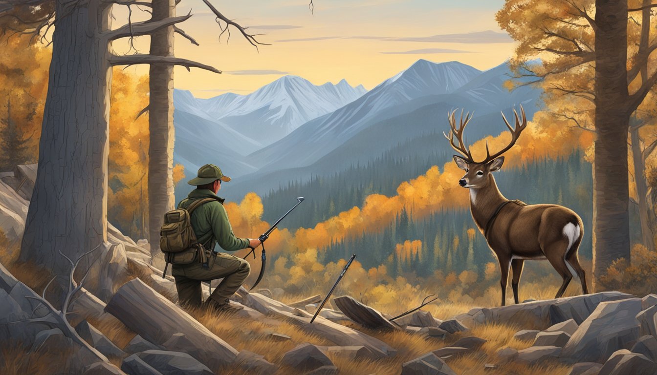 A hunter processing a deer in the Utah wilderness, surrounded by trees and mountains, with hunting gear and tools scattered around