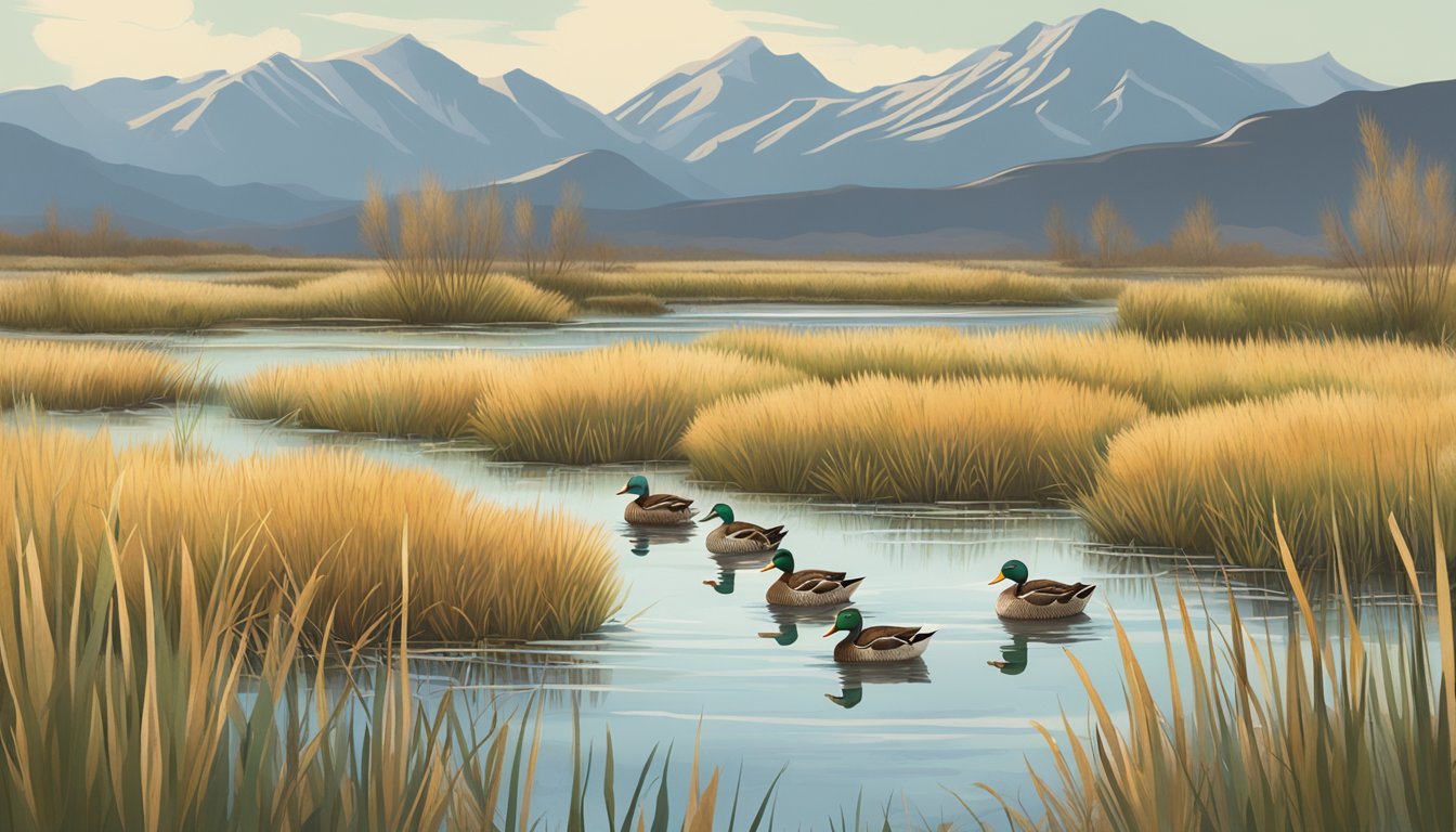 A group of ducks waddling through a marshy wetland in Utah, with tall grass and cattails surrounding them