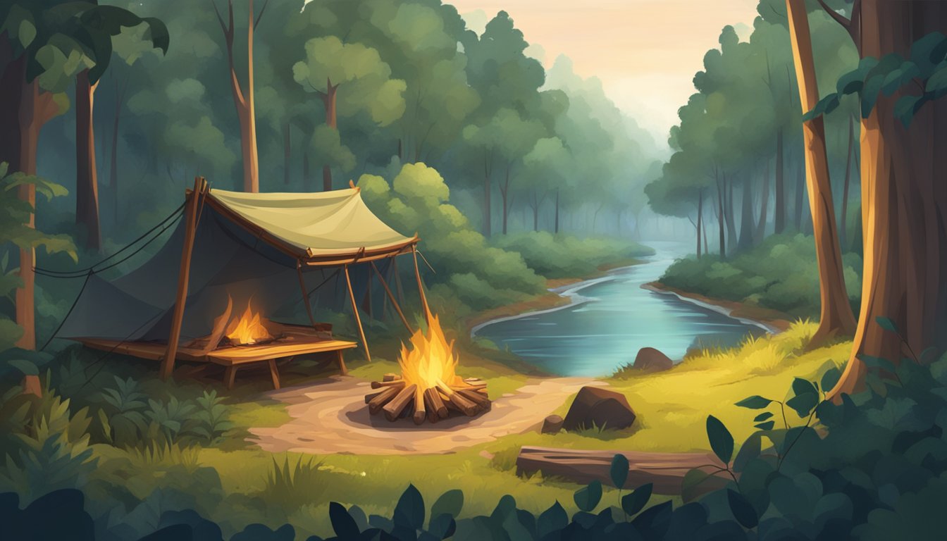 A dense forest with a winding river, a campfire, and a makeshift shelter made of branches and leaves