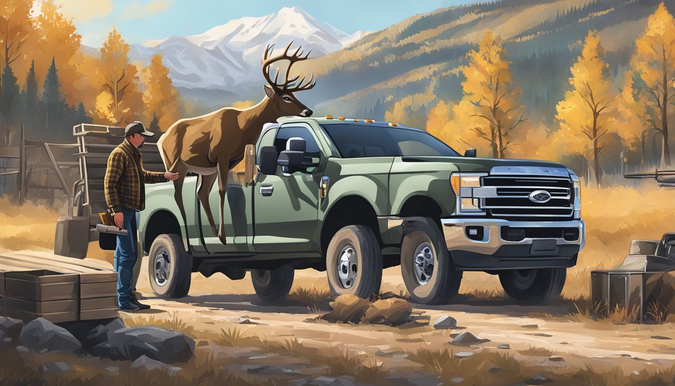 A hunter unloading a deer from a pickup truck at a rustic game processing facility in the scenic Utah countryside