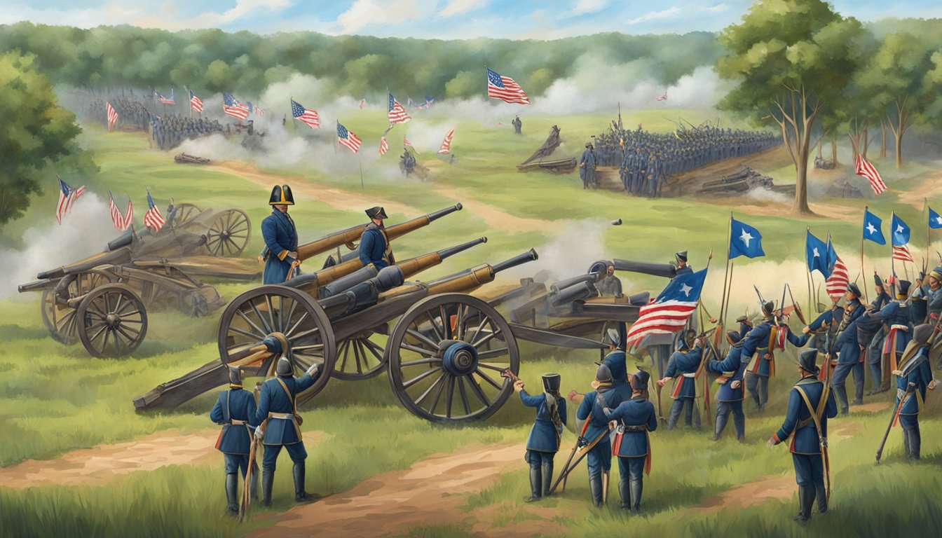 A historic battlefield with cannons, flags, and soldiers in Virginia