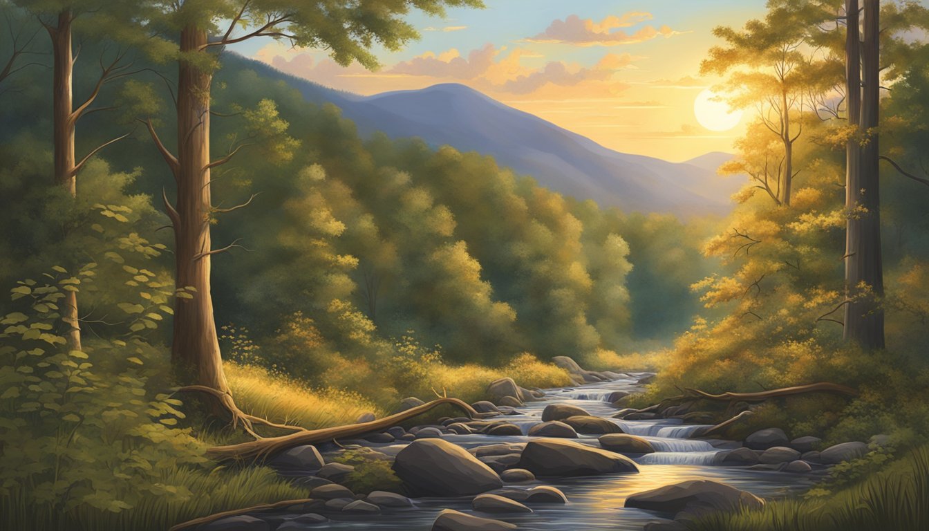 The sun sets over the Blue Ridge Mountains, casting a golden glow on the forest floor. A small stream winds its way through the trees, while birds chirp and rustle in the underbrush