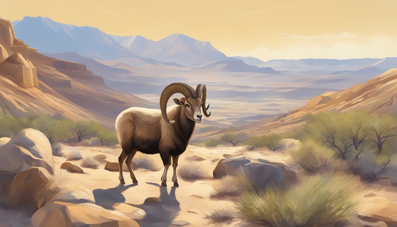 A clear, sunny day in a rugged desert landscape with aoudad sheep grazing on rocky terrain