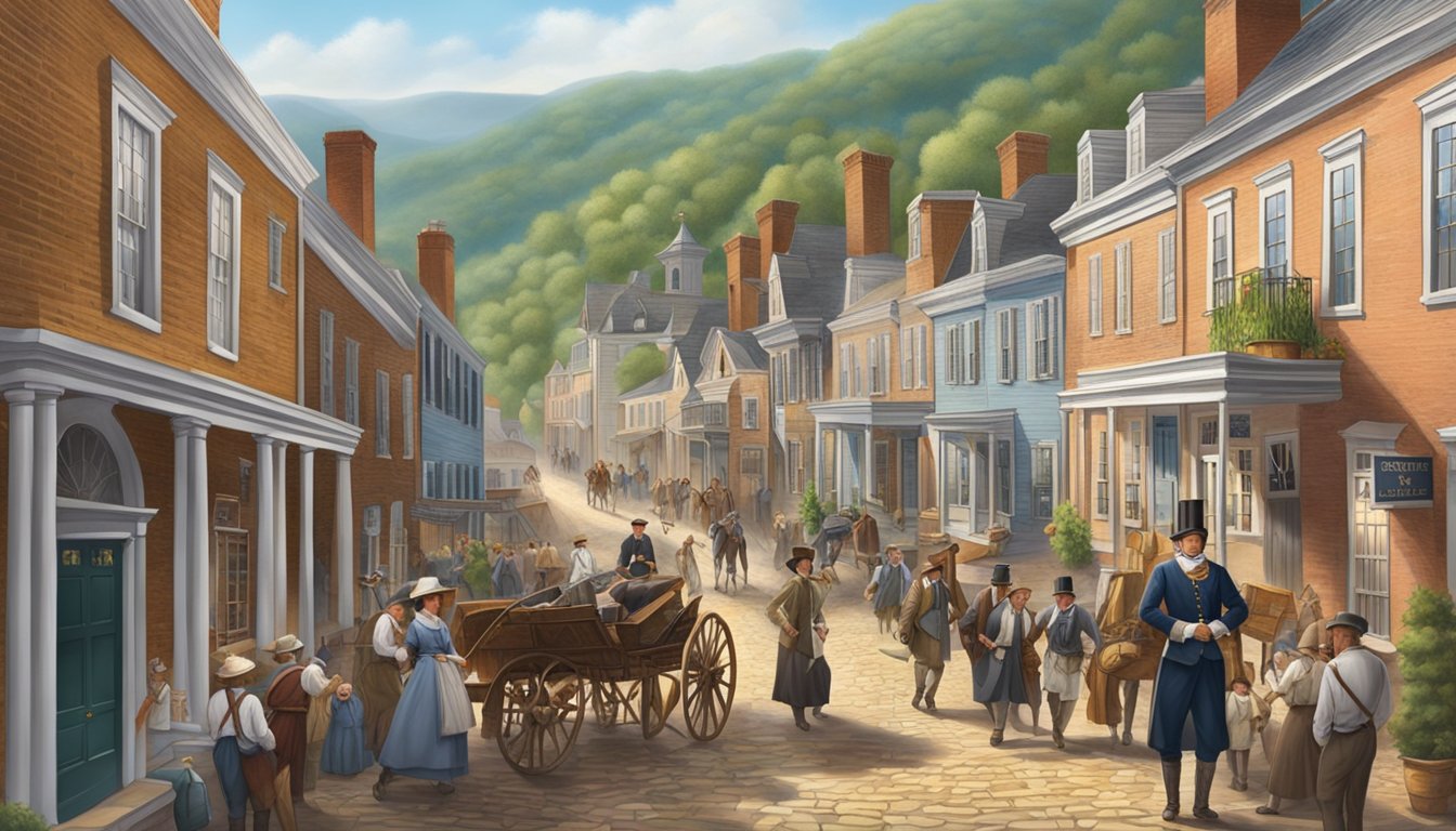 A bustling colonial town with cobblestone streets, historic buildings, and people in period clothing, set against a backdrop of rolling Virginia hills