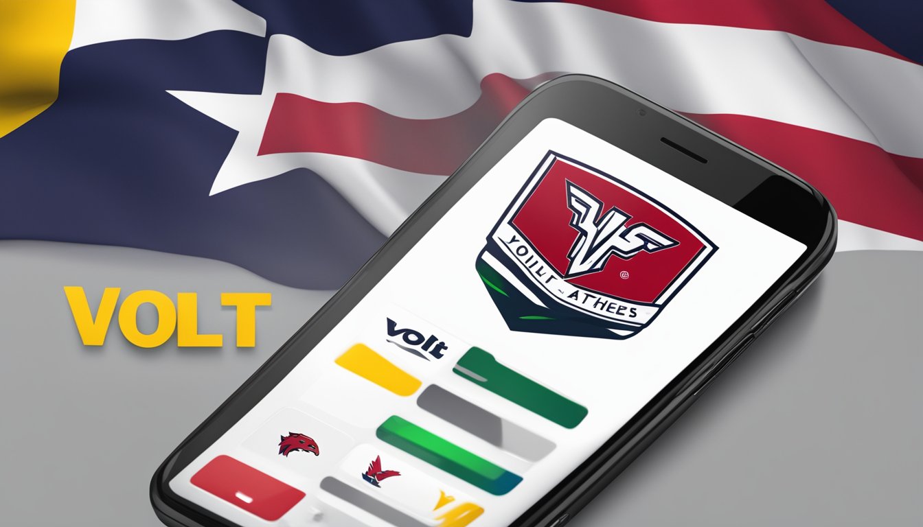 The Volt Athletics app logo displayed on a smartphone screen, with the Washington state flag in the background