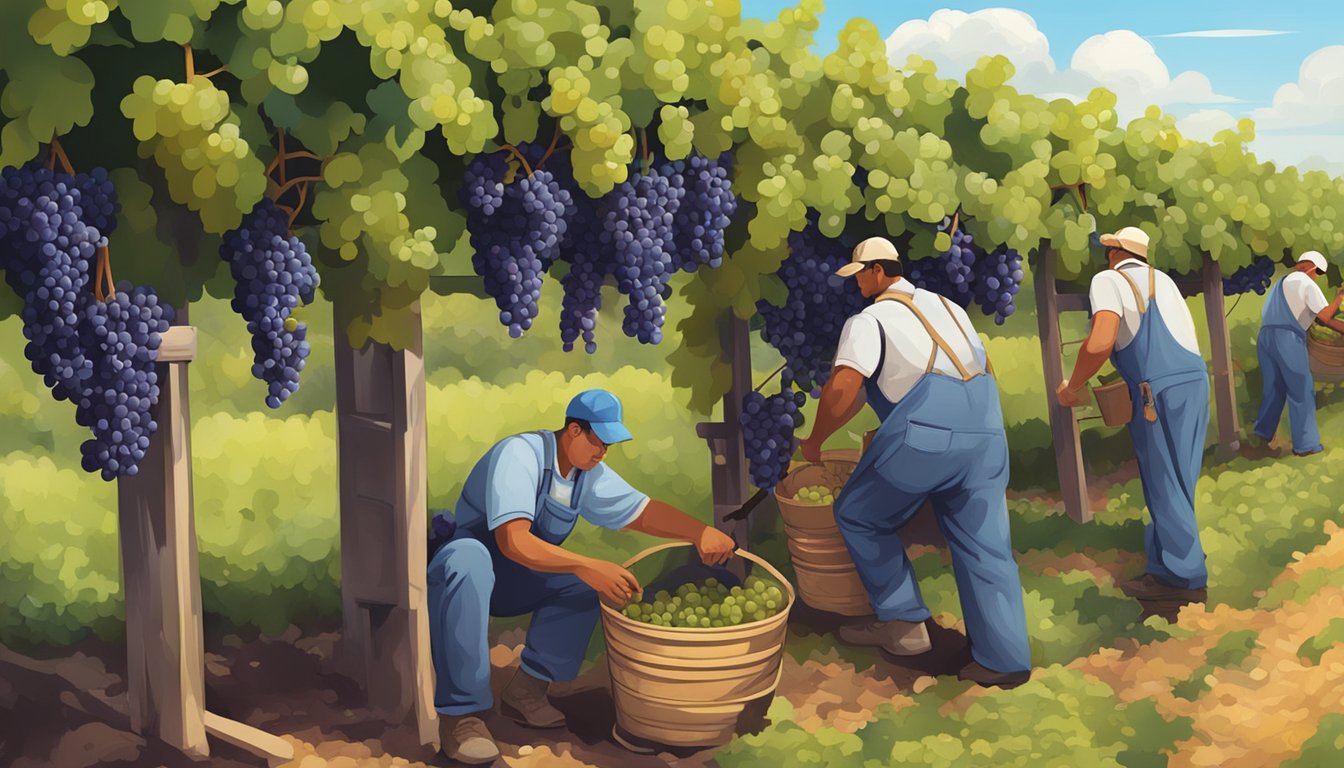 Vineyard workers gather ripe grapes in Virginia