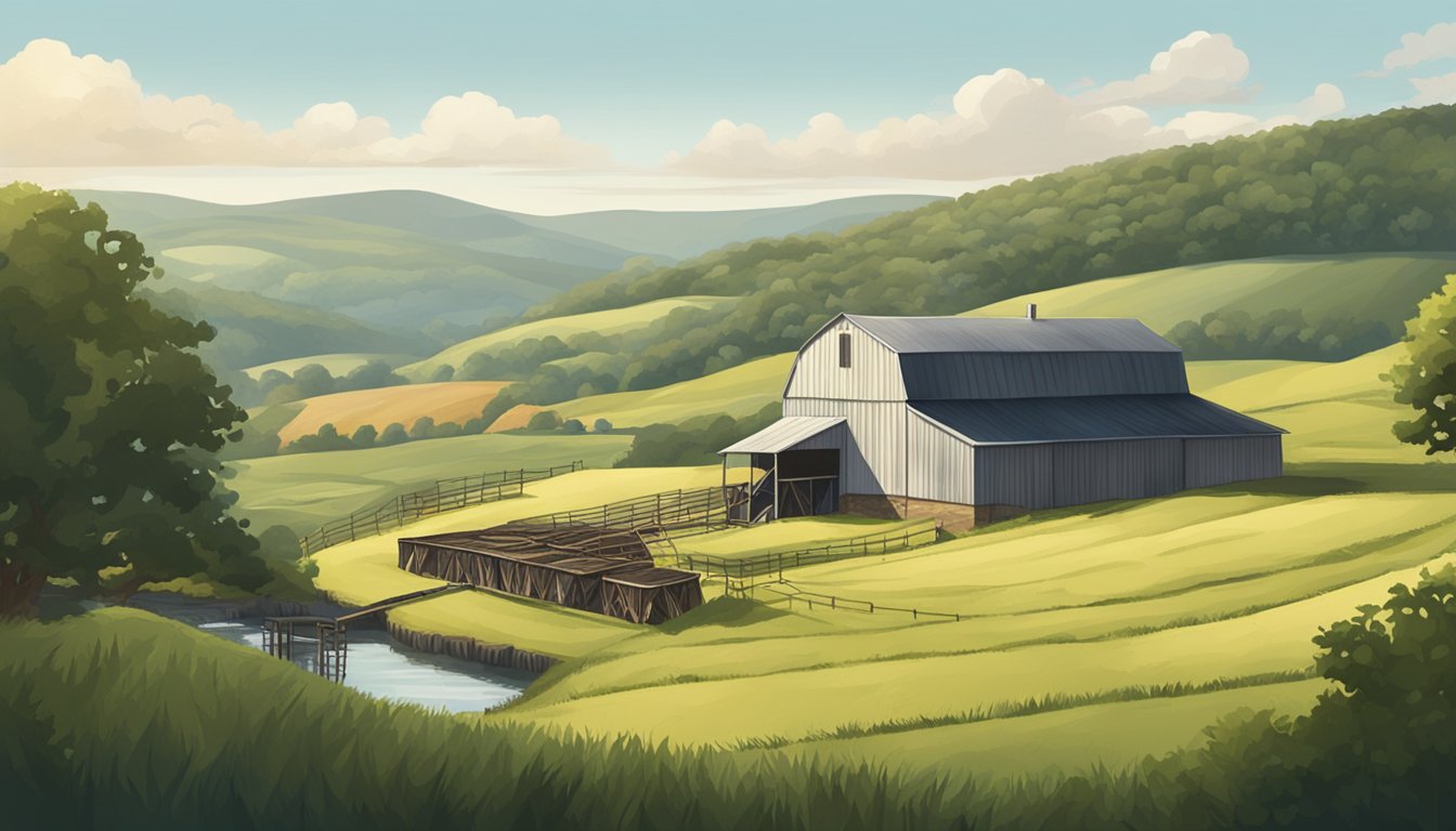 A serene countryside landscape with a rustic game processing facility nestled among rolling hills in Virginia