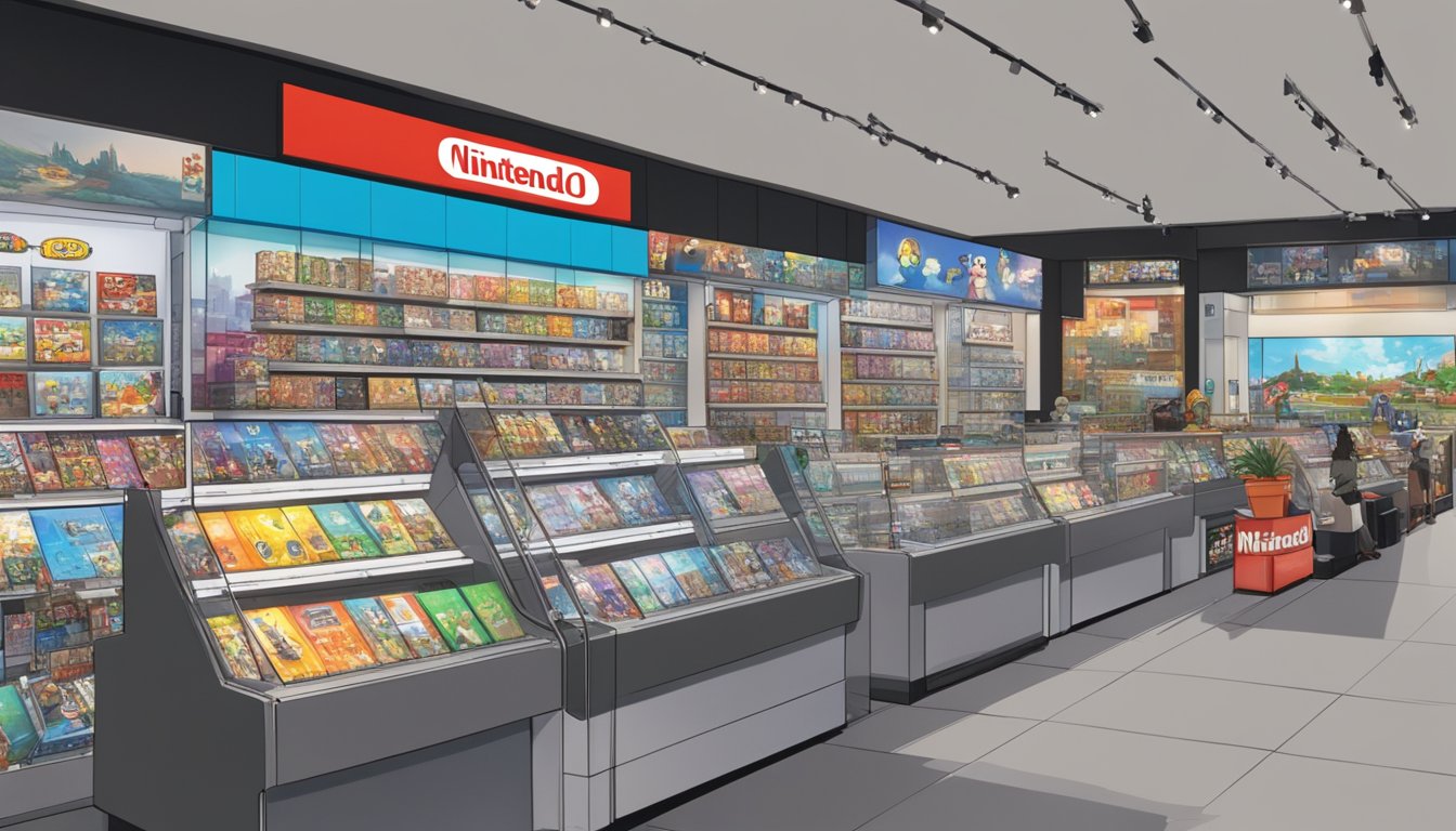 The bustling Nintendo Store in NYC showcases the latest game releases, with a prominent display of the best-selling titles. The Washington monument looms in the background