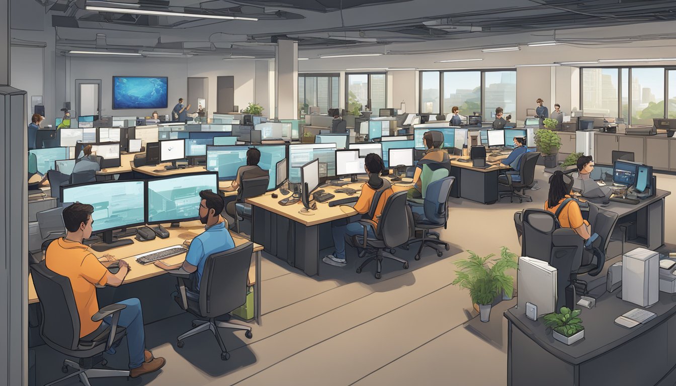 A bustling office at Valve Corporation's headquarters in Washington, with employees working on game processing and development