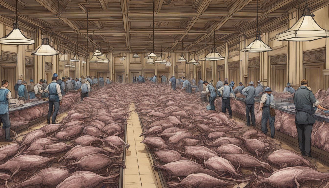 A grand hall filled with game carcasses being processed at the Pfister Hotel Game Feast in Wisconsin