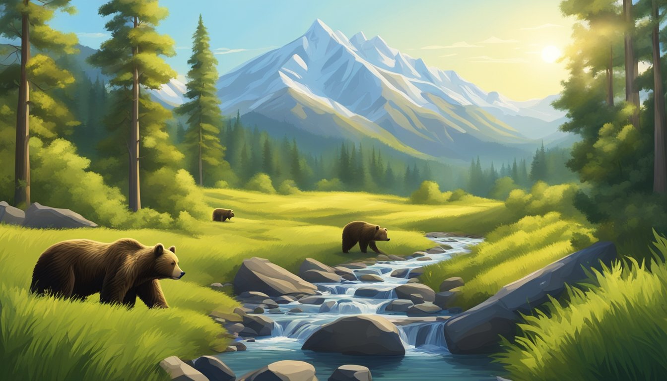 A sunny day with a clear blue sky, surrounded by lush green forests and mountains in the distance. A calm and peaceful setting for bear hunting