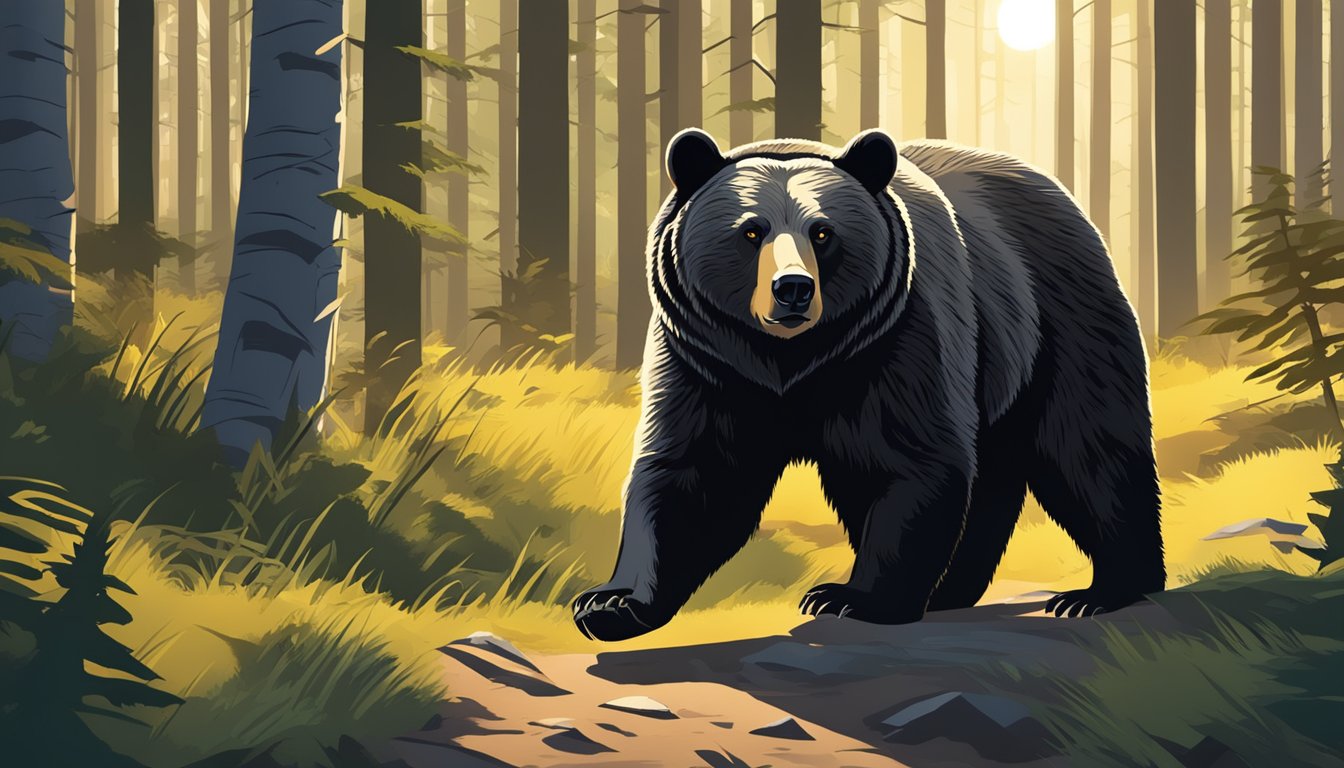 A bear prowls through a thick forest, its keen eyes scanning for prey. The sun sets, casting long shadows as the perfect weather for hunting sets in