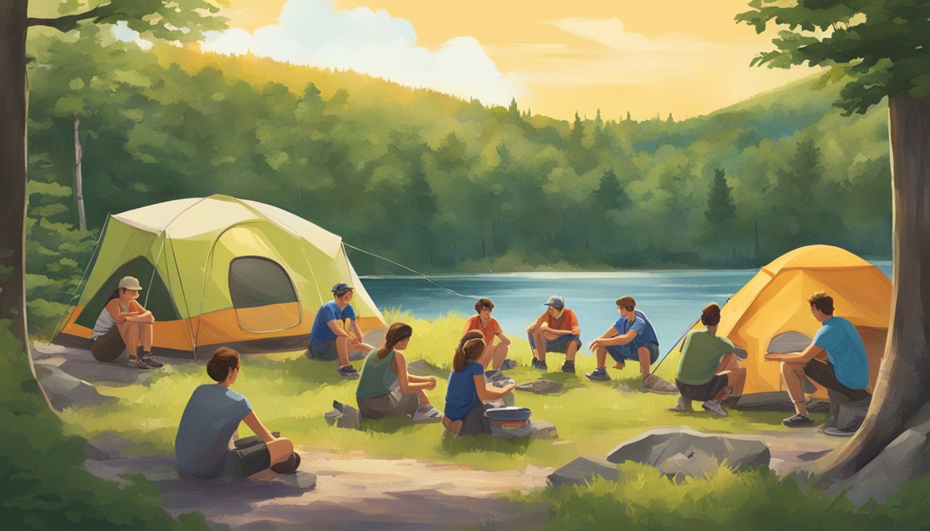 A group of campers play games in Devil's Lake State Park, surrounded by lush greenery and the scenic beauty of Wisconsin