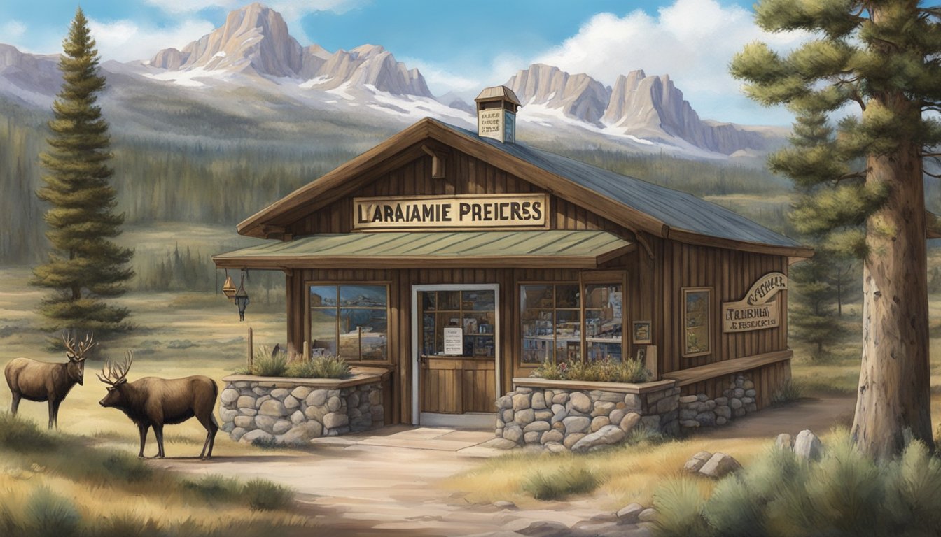 The taxidermy shop is nestled in the Wyoming wilderness, surrounded by mountains and pine trees. A sign proudly displays the name "Laramie Game Processing & Taxidermy" above the entrance