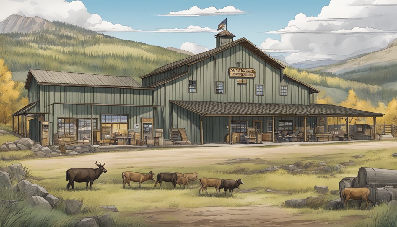 A rustic Wyoming game processing facility with outdoor signage and surrounding natural landscape