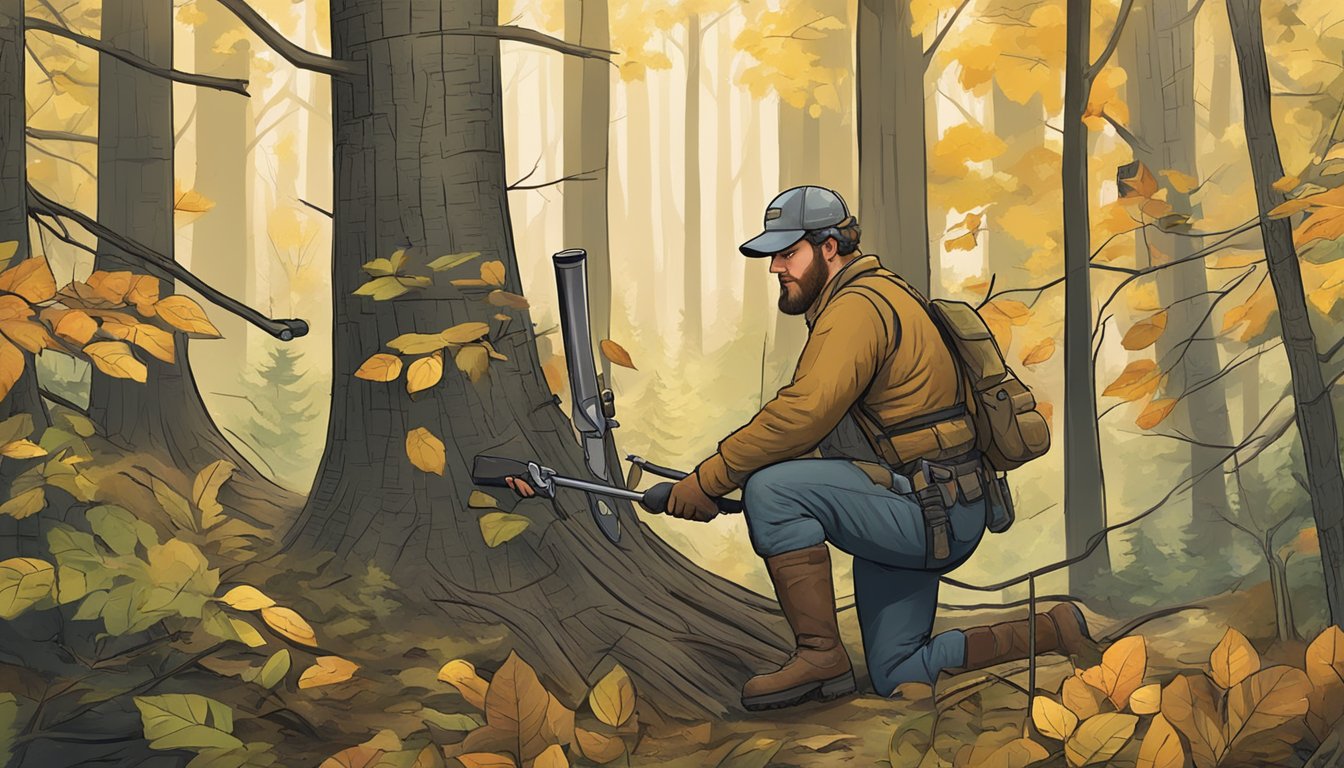 A hunter efficiently processes game in a Wisconsin forest using specialized tools and techniques