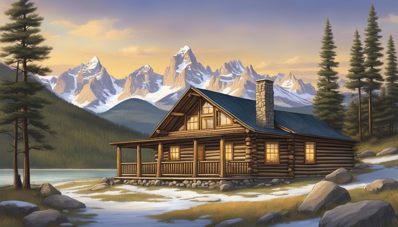 A rustic log cabin nestled in the Rocky Mountains with a sign reading "Rocky Mountain Processor - Best Game Processing Wyoming" hanging above the entrance. Snow-capped peaks rise in the background