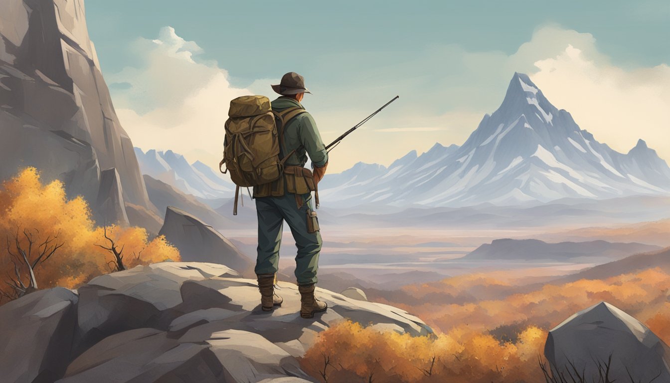 A lone hunter sets up camp in a rugged mountain terrain, surrounded by rocky cliffs and sparse vegetation. The sky is clear, with a hint of crisp autumn air