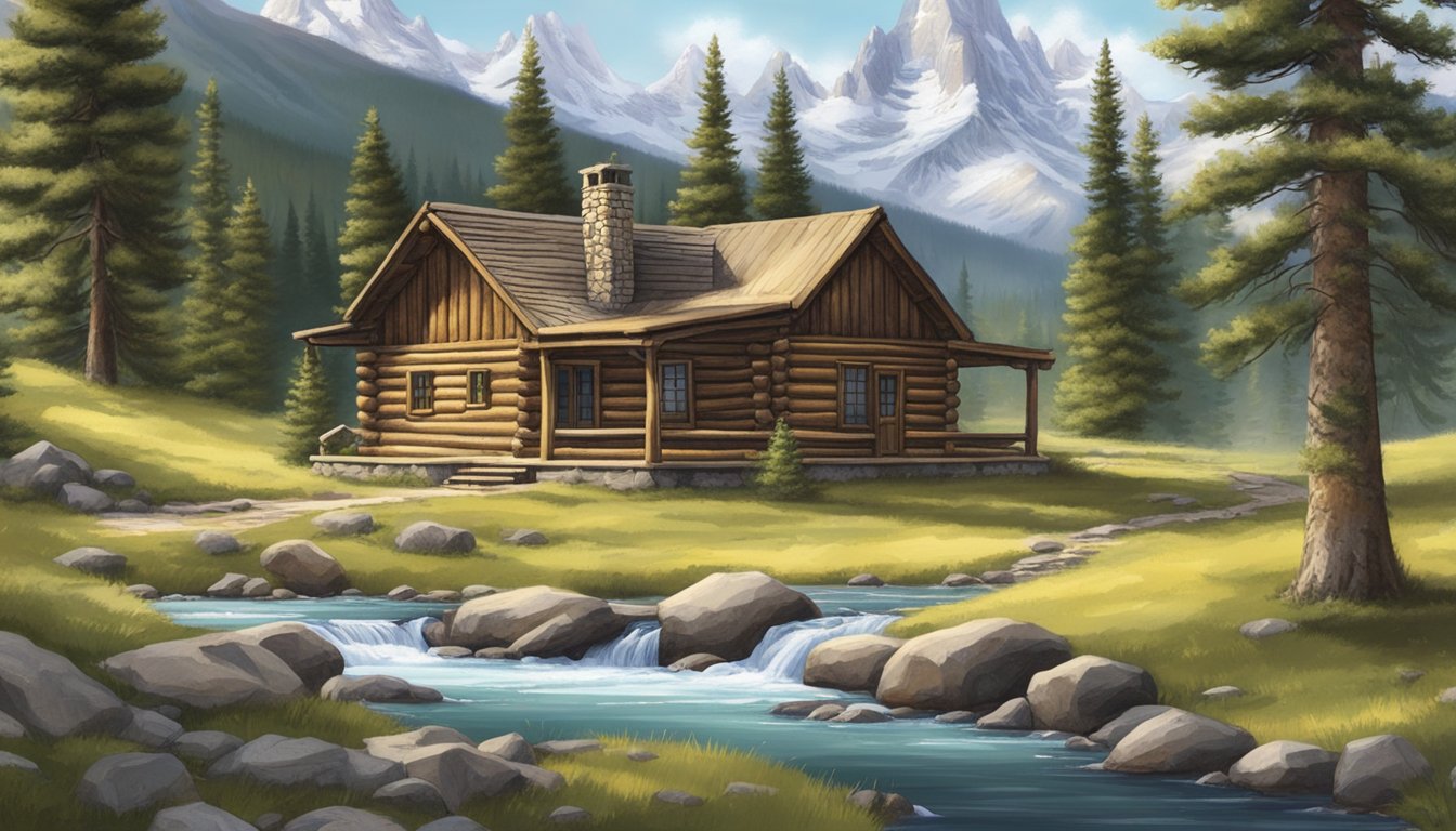 A rustic log cabin nestled in the Wyoming wilderness, surrounded by snow-capped mountains and evergreen trees. A stream flows nearby, with wildlife grazing in the distance