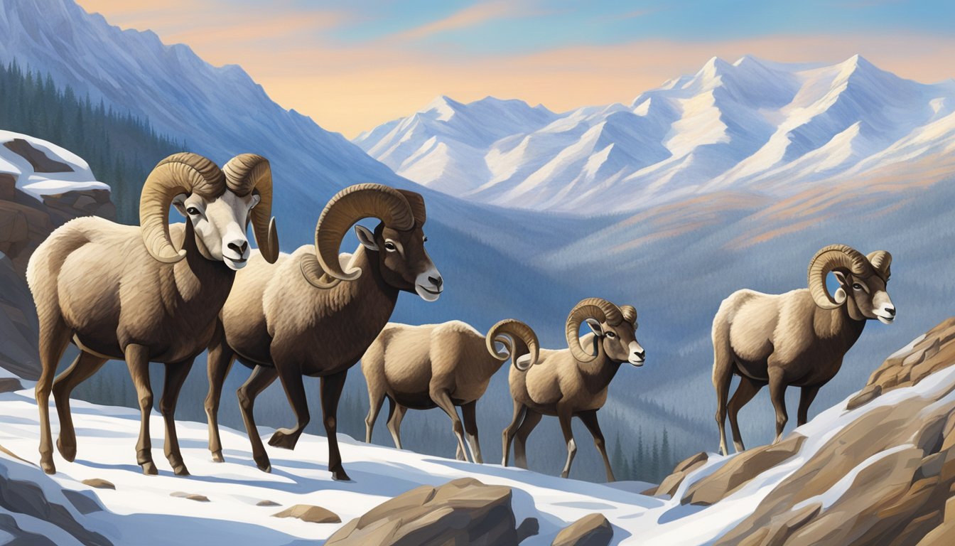 A group of bighorn sheep roam a rocky, snow-covered mountain slope under a clear, sunny sky