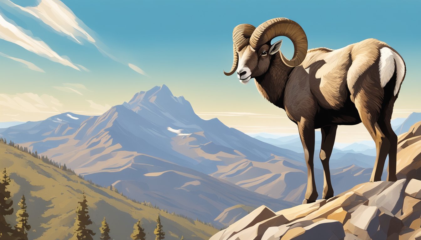 A rugged mountain landscape with bighorn sheep grazing on rocky terrain under a clear, sunny sky