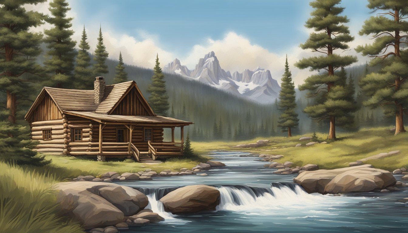 A rustic log cabin nestled in the Wyoming wilderness, surrounded by towering pine trees and a rushing stream. A sign proudly displays "Gillette Game and Fish Processing."