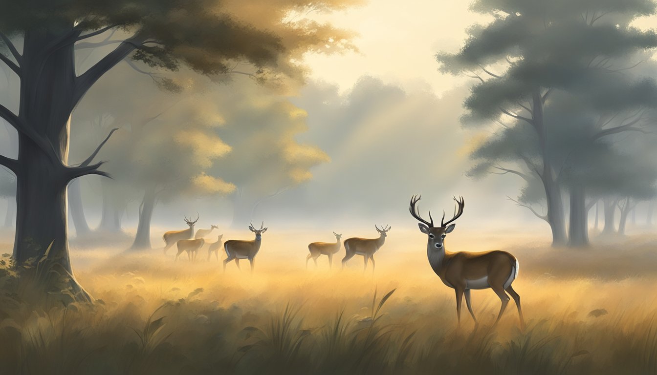 A misty morning in a grassy meadow, with sunlight filtering through the trees. A small herd of axis deer grazes peacefully, their sleek coats blending into the golden hues of the landscape