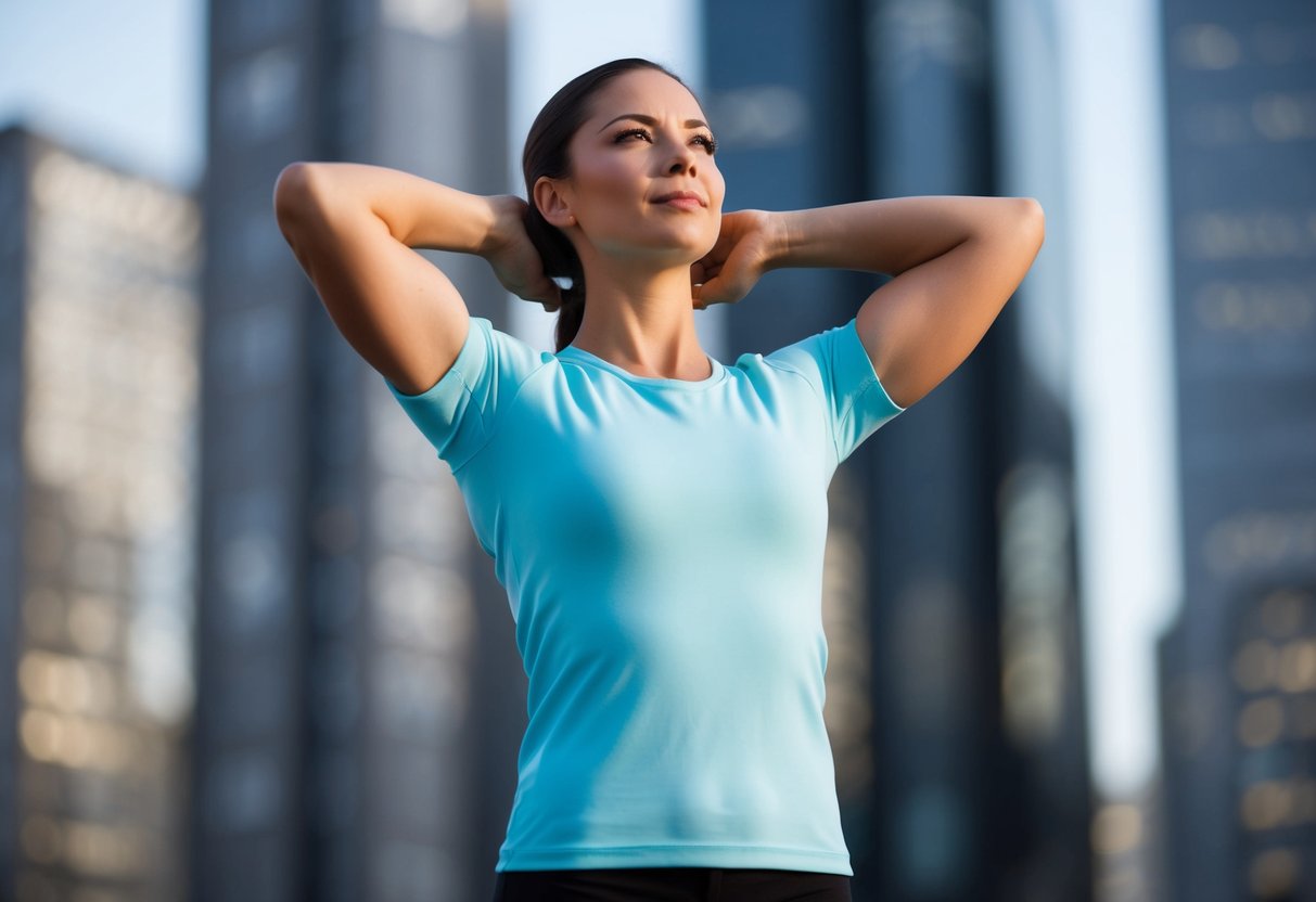 A figure stands tall, arms raised overhead with palms facing forward. The shoulders are relaxed and the chest is open, demonstrating the benefits of arm raises for shoulder health