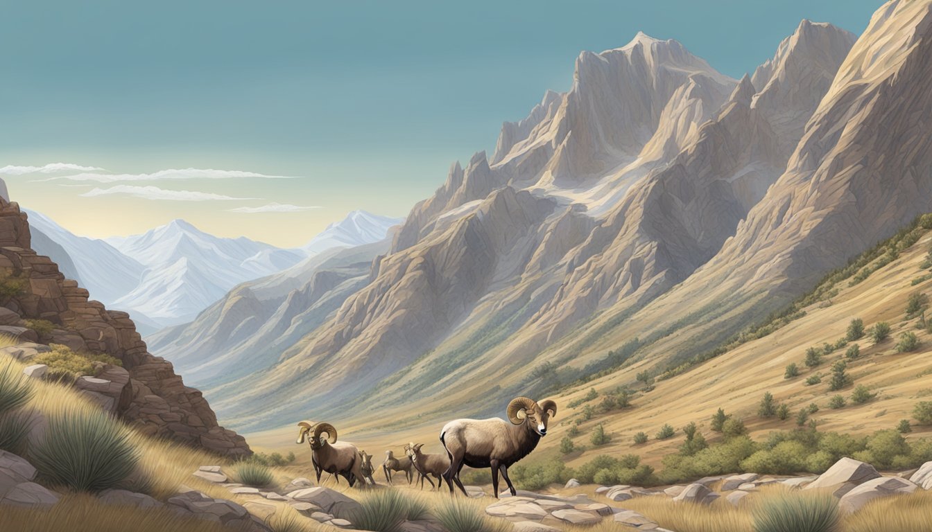 A rugged mountain landscape with clear skies and a light breeze, showcasing the ideal weather for bighorn sheep hunting