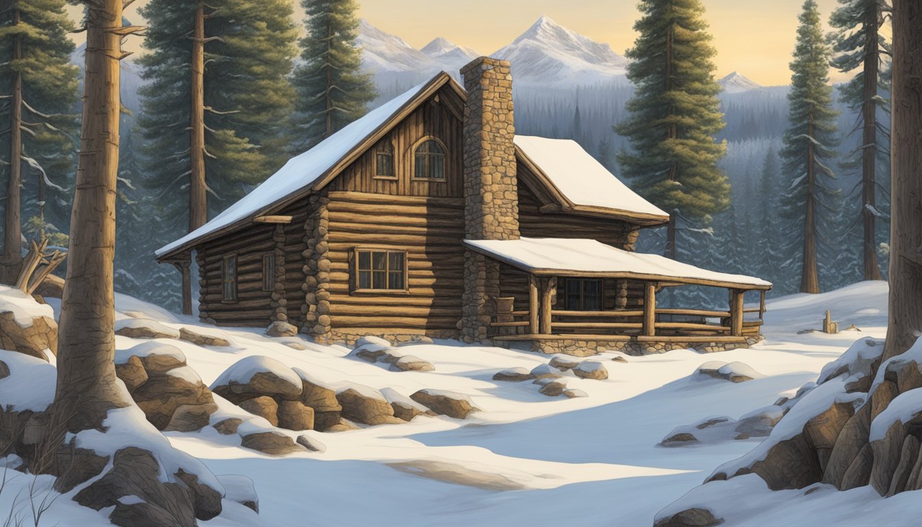 A rustic log cabin nestled in the snowy Wyoming wilderness, surrounded by towering pine trees and a sign reading "Rawlins Wild Game Processing."