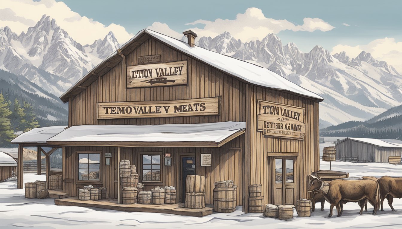 A rustic butcher shop in Teton Valley, Wyoming, with a sign reading "Teton Valley Meats - Best Game Processing." Snow-capped mountains in the background