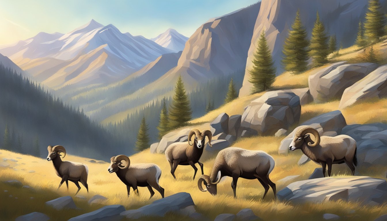 A clear, crisp morning in the high mountains, with a group of bighorn sheep grazing on the rocky slopes, their powerful horns gleaming in the sunlight