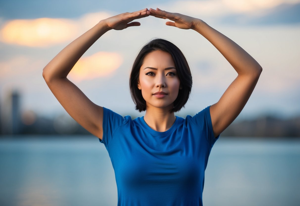 A person standing, raising arms to shoulder height, varying hand positions, with a focused expression