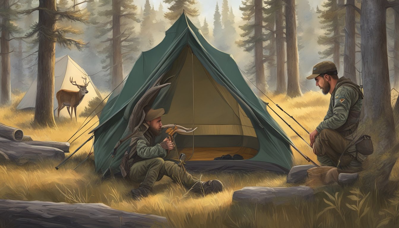 A hunter processes a deer in a Wyoming wilderness campsite