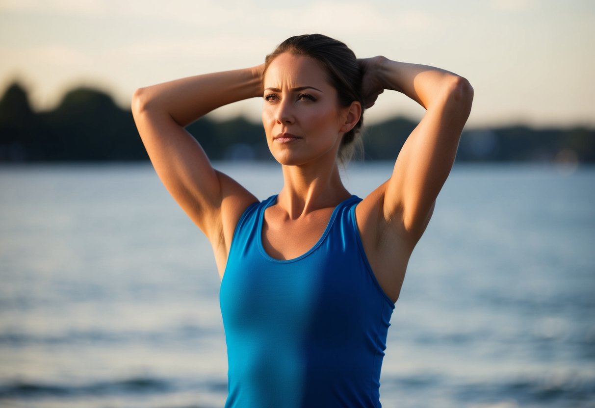 A figure standing with arms raised, demonstrating arm raises for shoulder pain relief