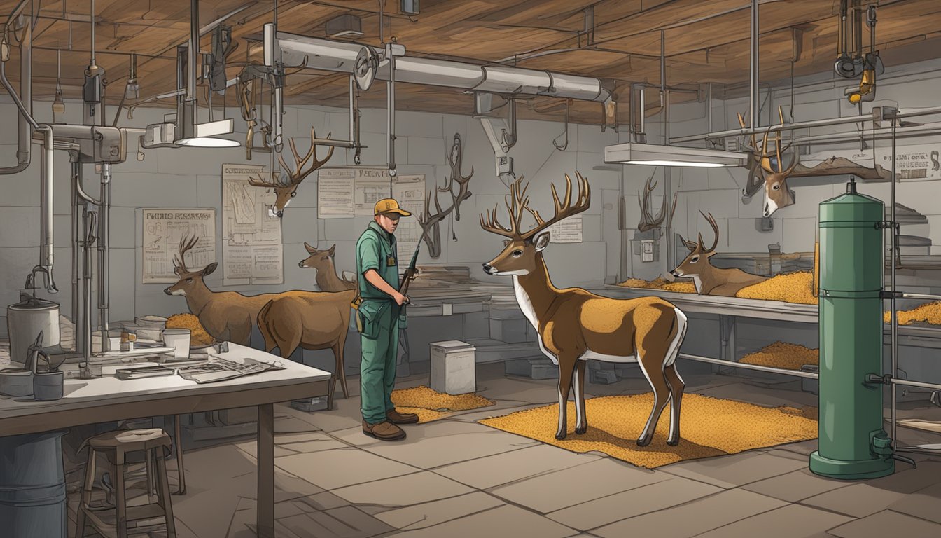 A hunter hangs a freshly killed deer in a processing station, surrounded by equipment and signage outlining Wyoming's game processing regulations