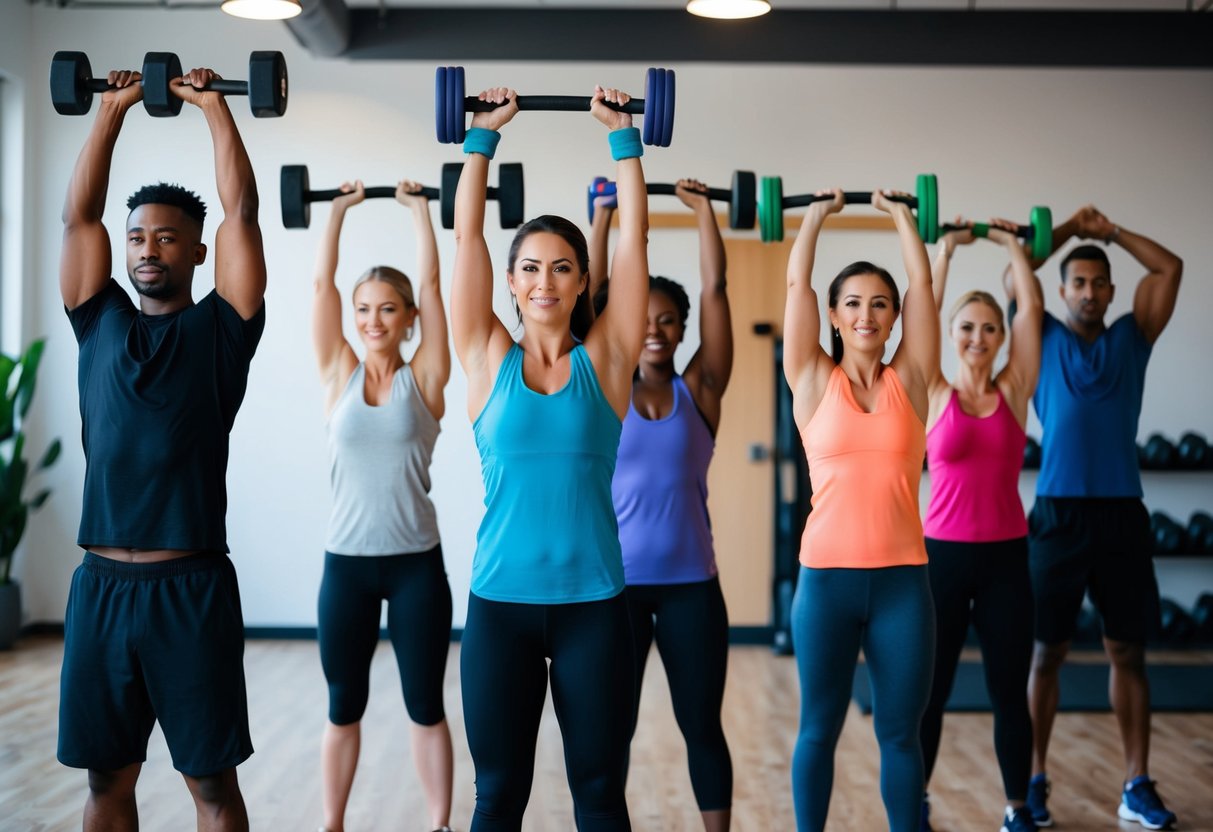 A group of diverse individuals perform arm raises using various weights and resistance bands in a fitness studio, demonstrating different fitness levels