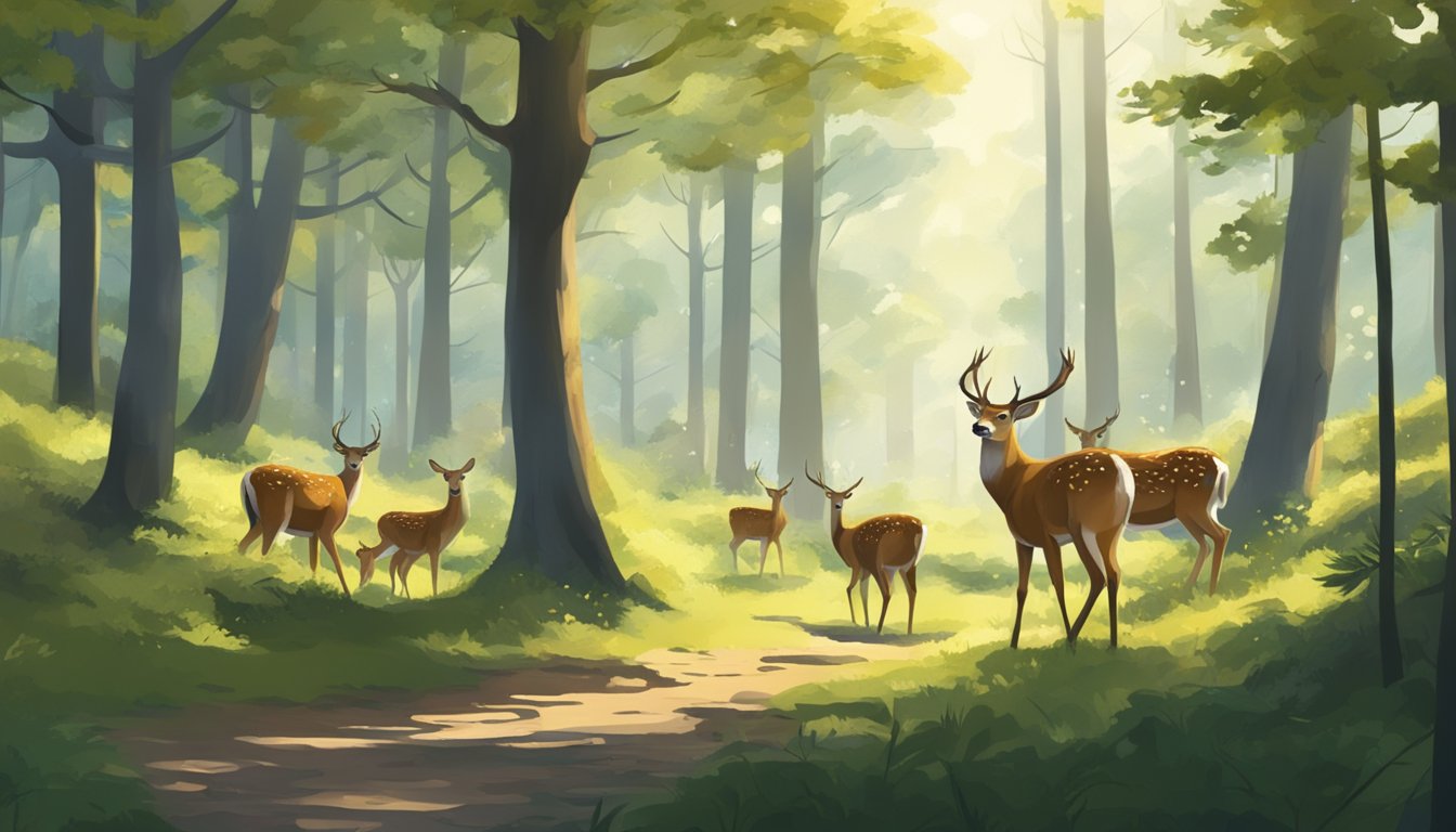 A bright, sunny day in a dense forest, with a clear view of a grazing herd of axis deer