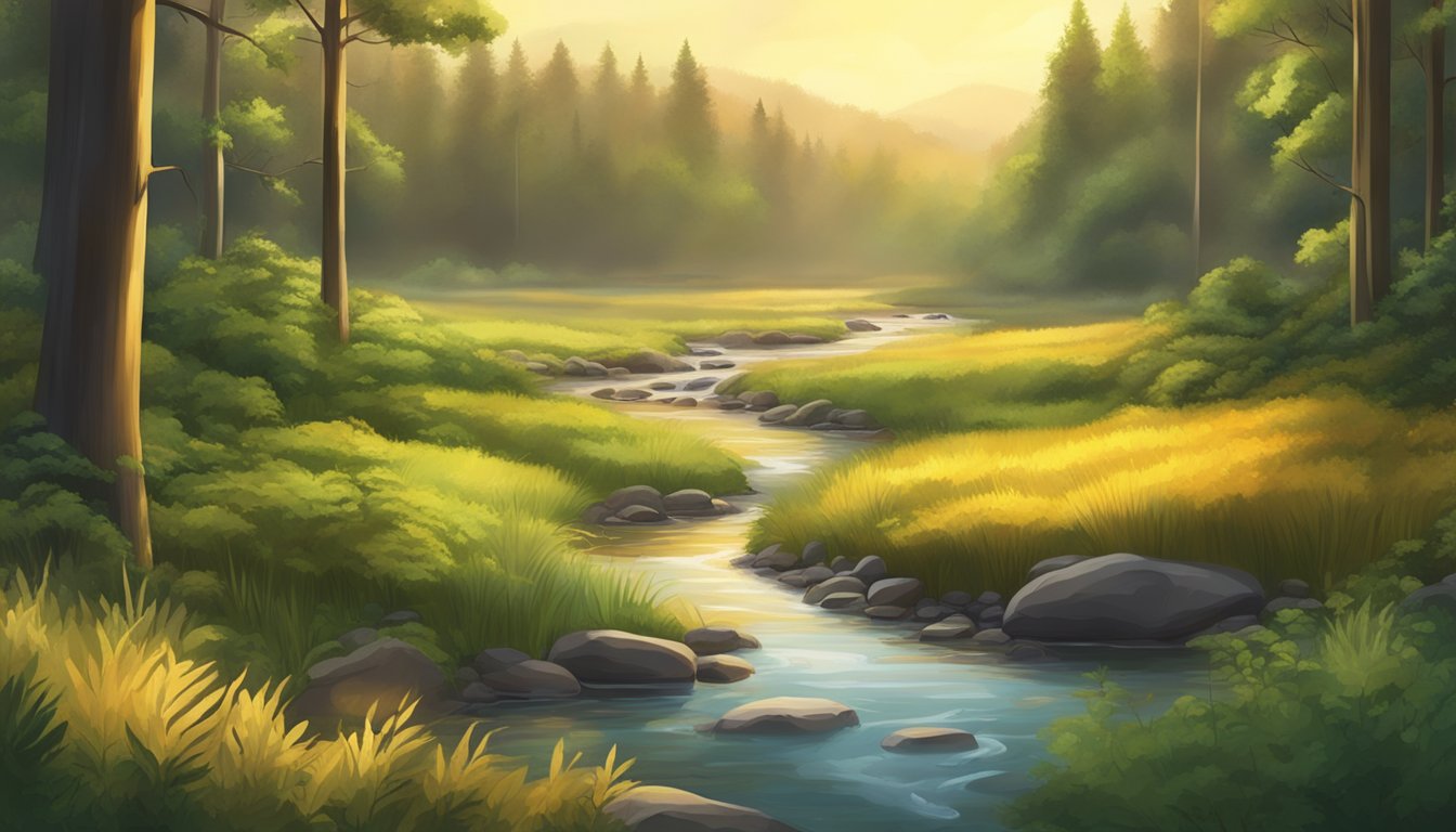 A serene forest clearing, bathed in golden sunlight with a small stream trickling through, surrounded by lush greenery and the distant sound of wildlife