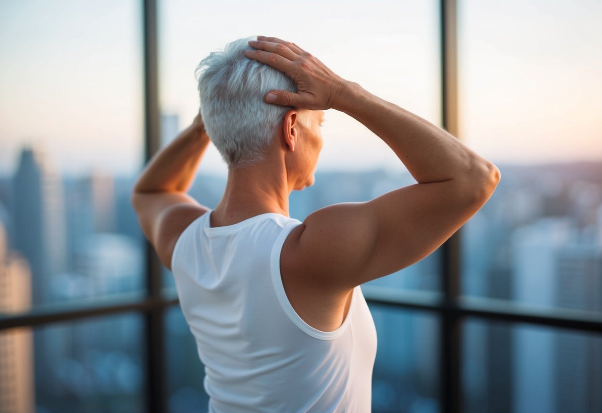 A person raises their arm in a stretching motion to alleviate shoulder pain caused by osteoarthritis