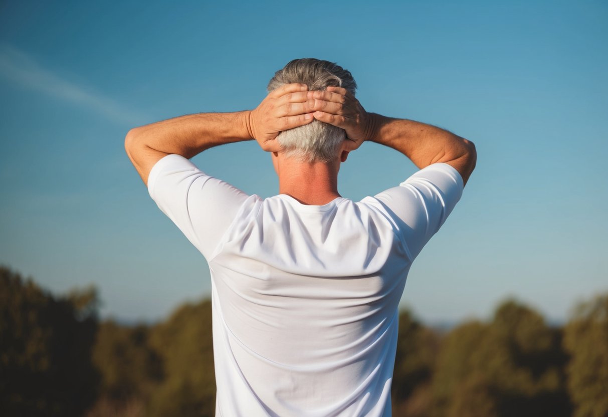 A person standing with arms raised, showing relief from shoulder pain